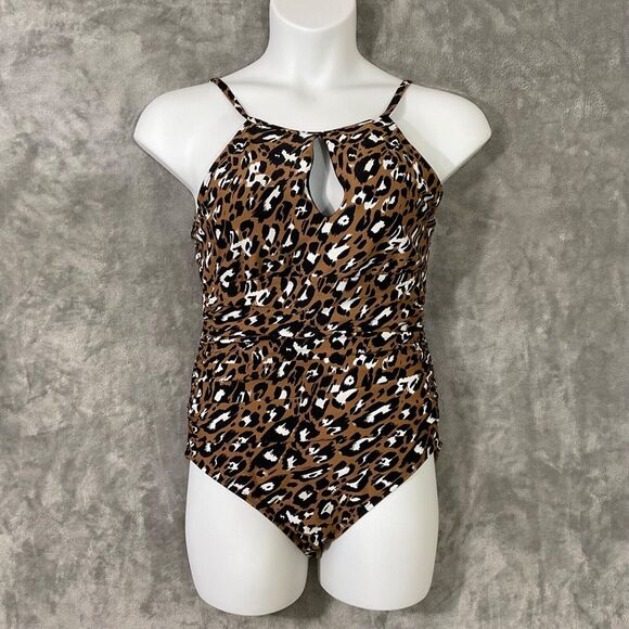 Ellen Tracy One Piece Swimsuit Leopard Print Size 14 Keyhole High Neck Halter - Picture 1 of 6